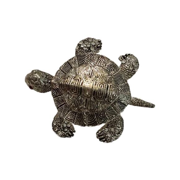 Vintage Silver Turtle Brooch with Crystal Accents, 2" Long - Picture 1 of 9